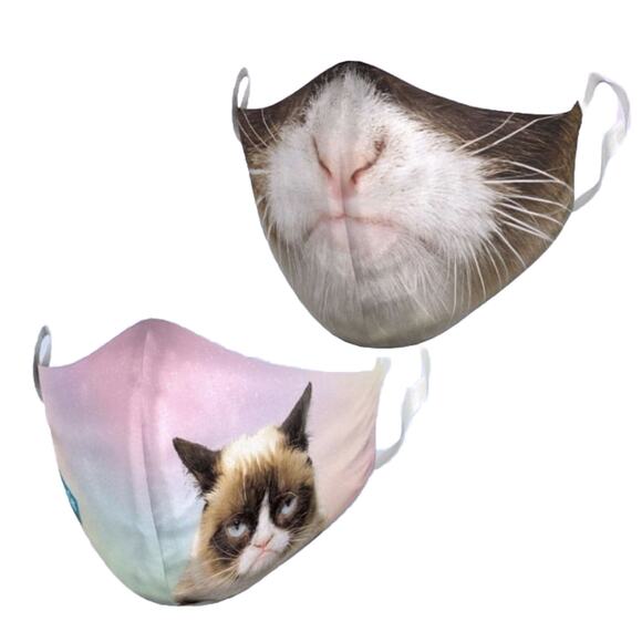 2 Pack Grumpy Cat Funny Meme Face Mask Cotton Viral Set Lot Protective Facemask - Picture 1 of 7